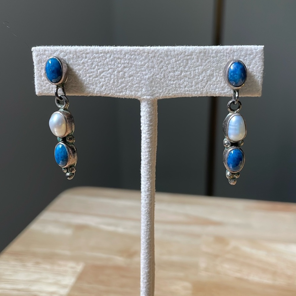 Vintage Blue Sodalite Pearl Sterling Silver 925 Southwest Hanging Earring Posts